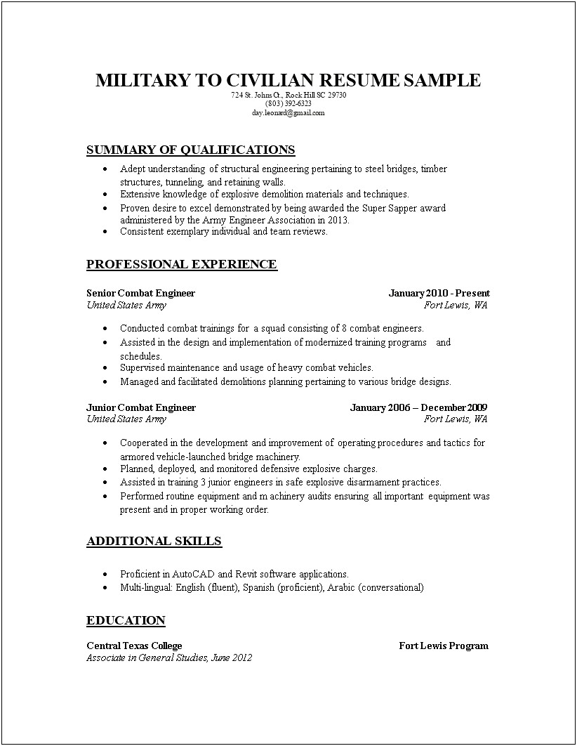 Sample Resume For Prior Military