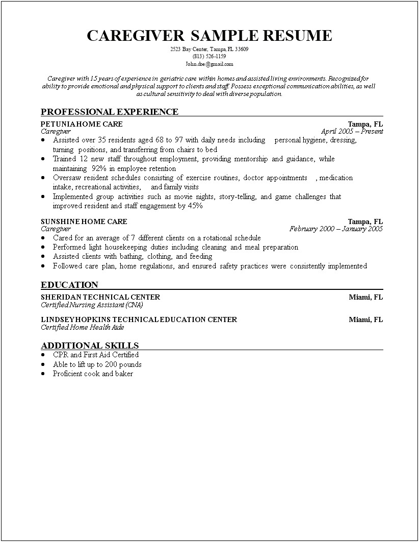 Sample Resume For Private Caregiver
