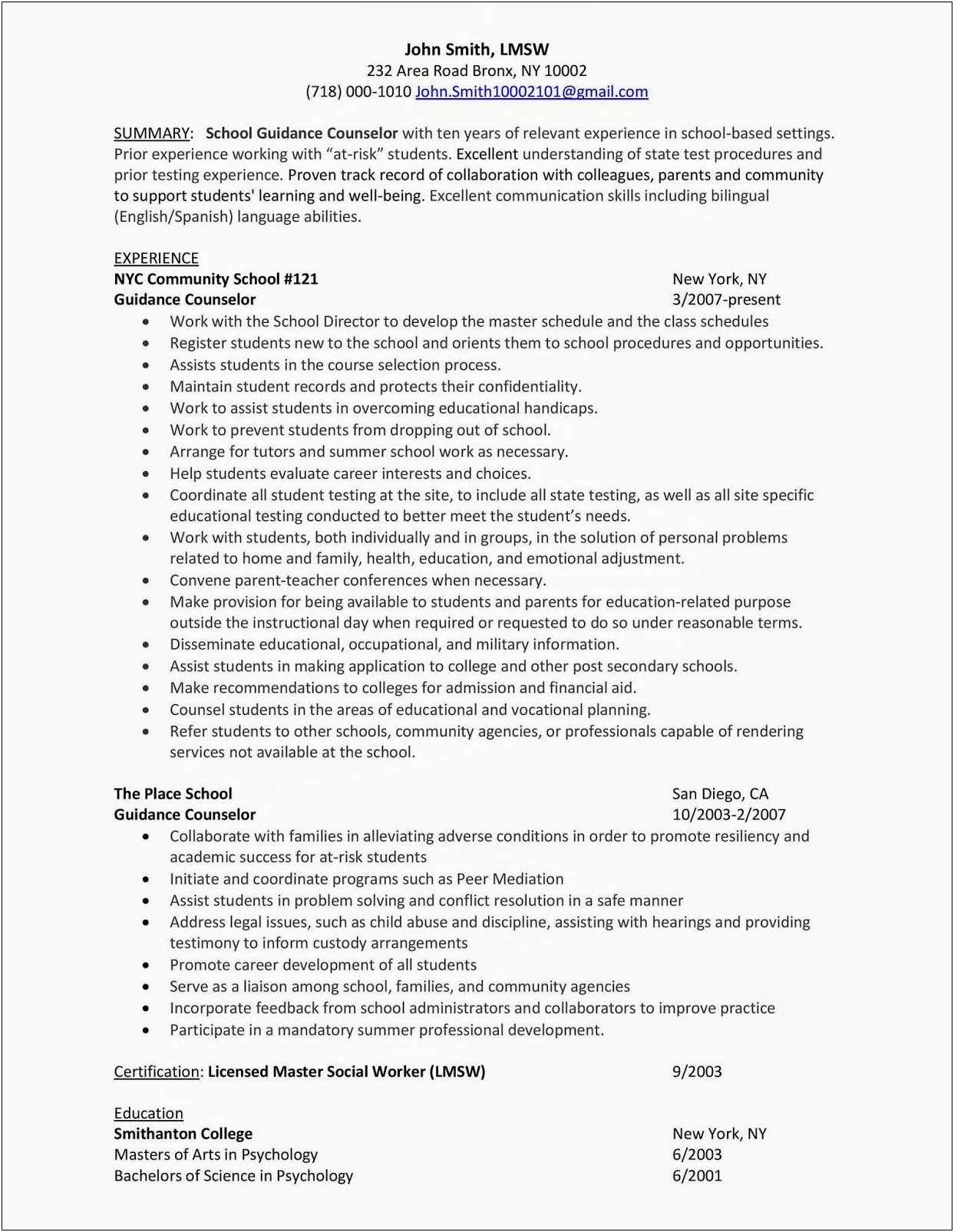 Sample Resume For Professional Counselor