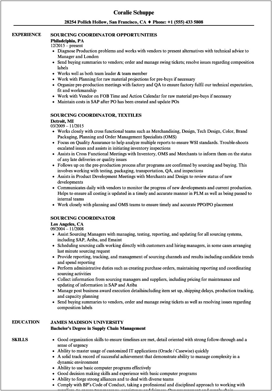Sample Resume For Purchase Coordinator