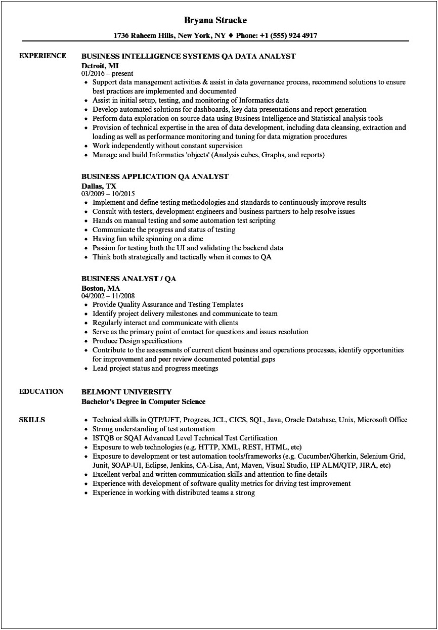 Sample Resume For Qa Ba
