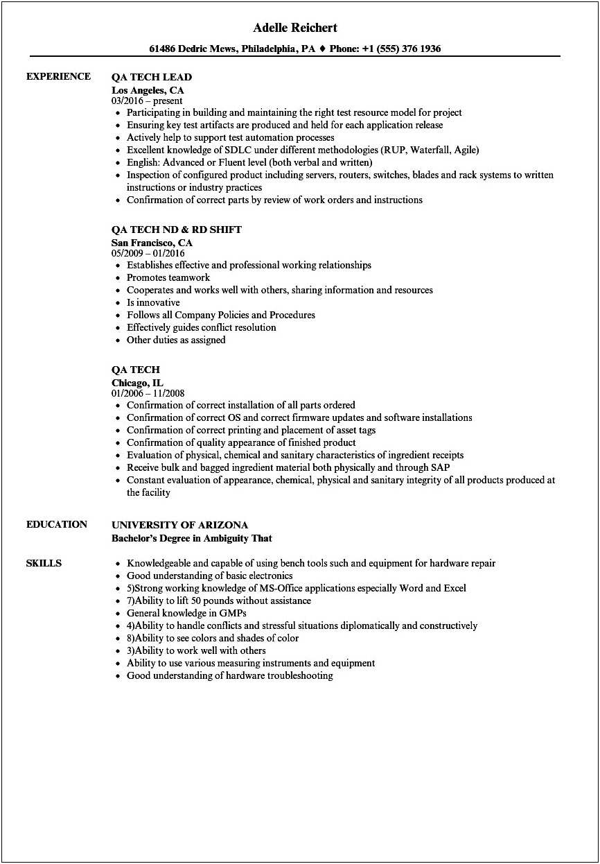 Sample Resume For Qa Technician