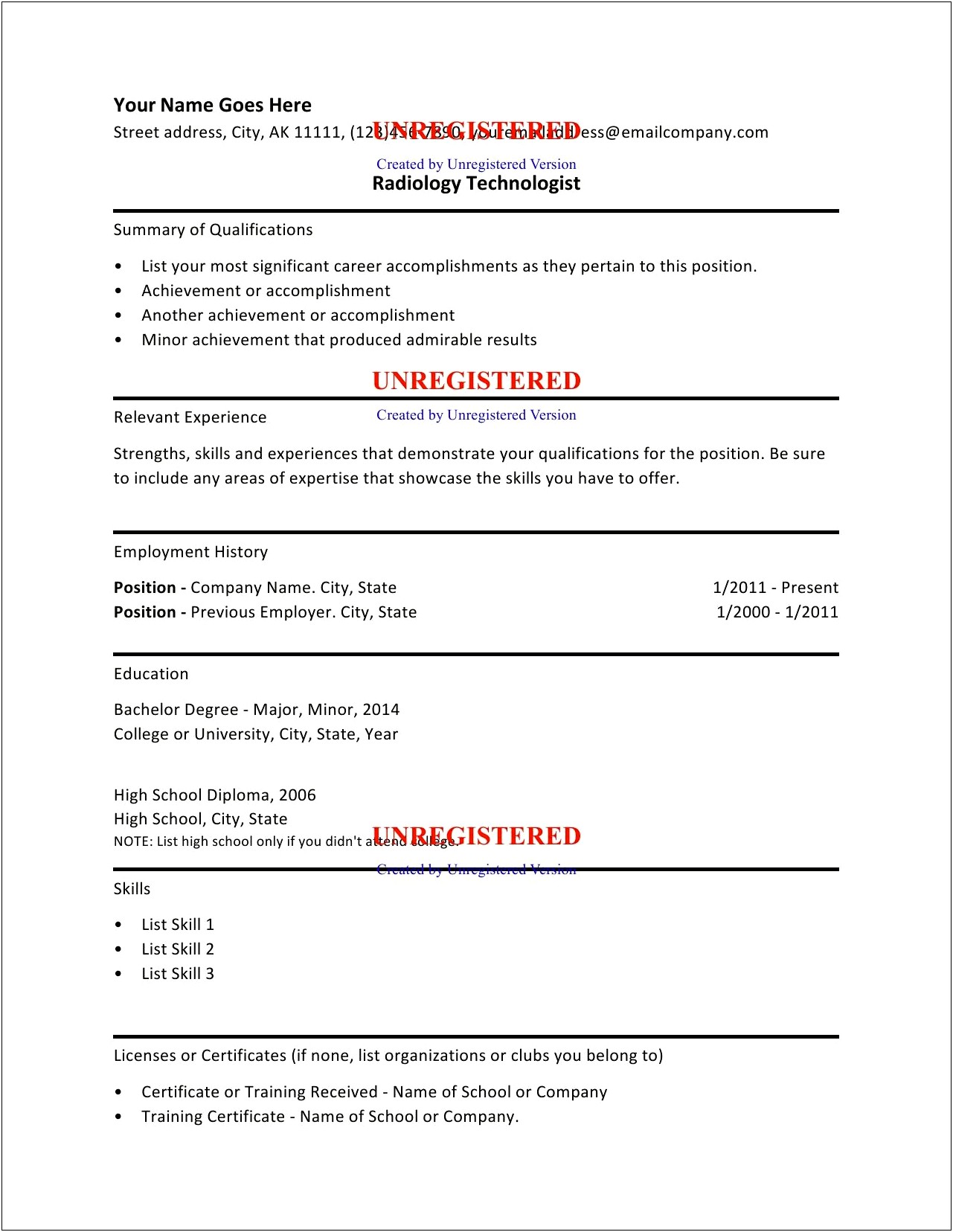 Sample Resume For Radiologic Technologist
