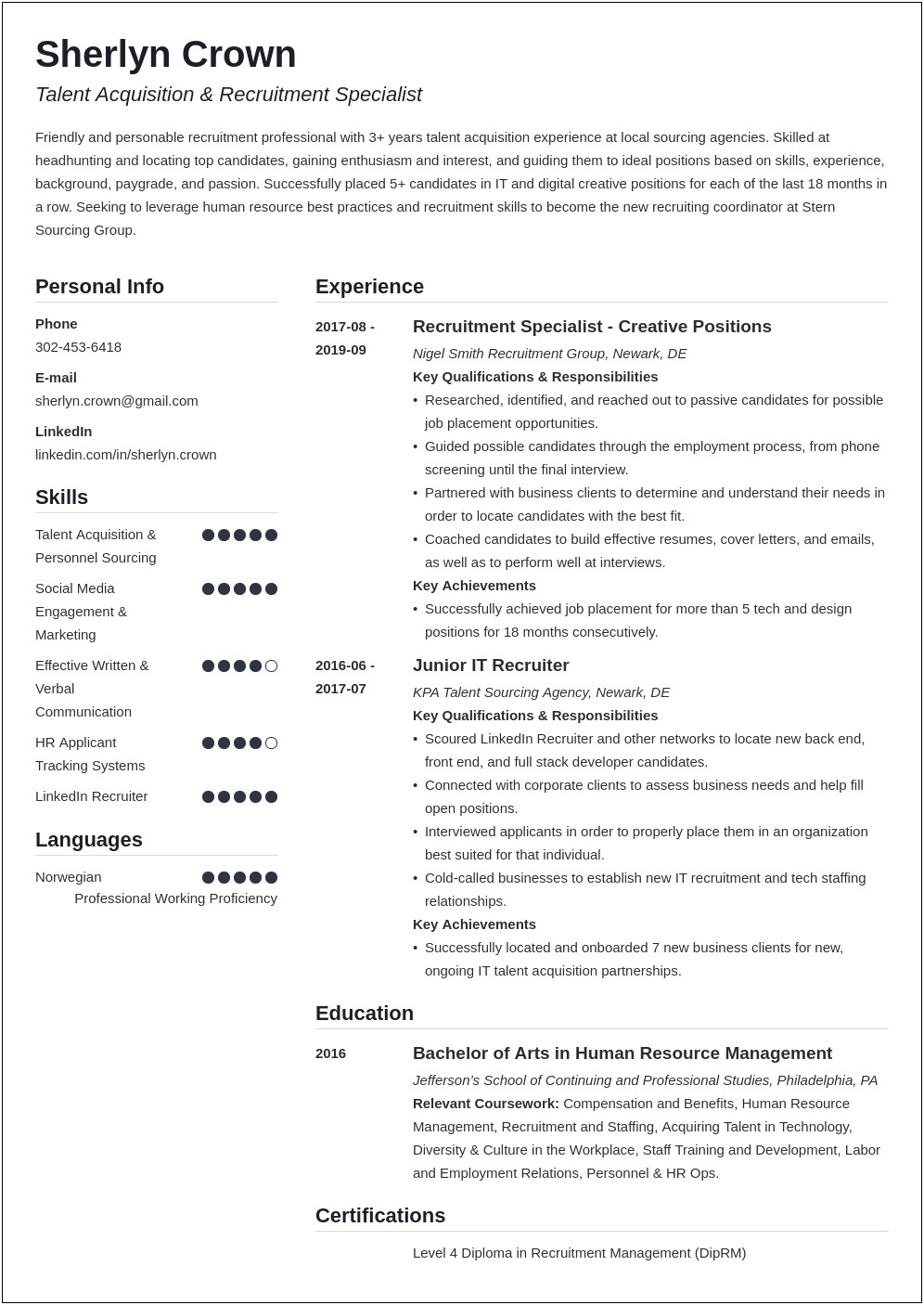 Sample Resume For Recruiter Position