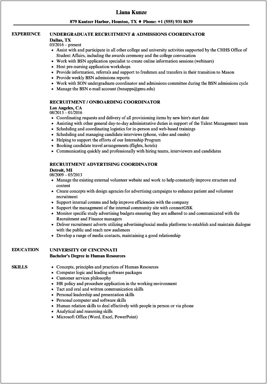 Sample Resume For Recruiting Coordinator
