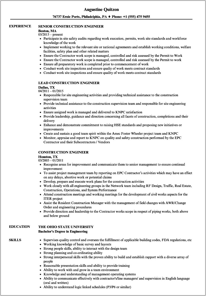Sample Resume For Resident Engineer