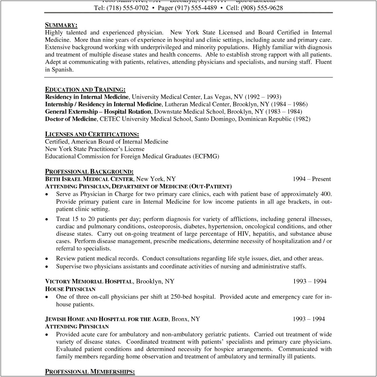 Sample Resume For Resident Physician