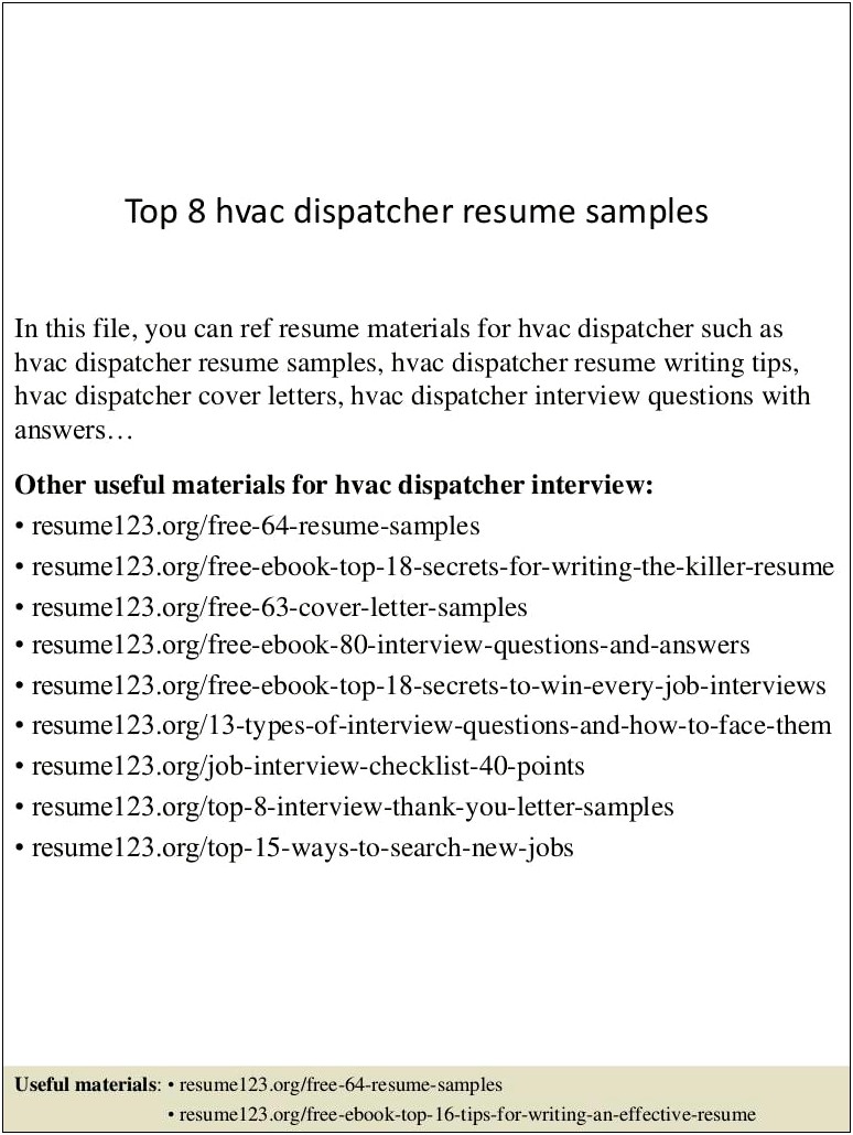Sample Resume For Residential Dispatcher