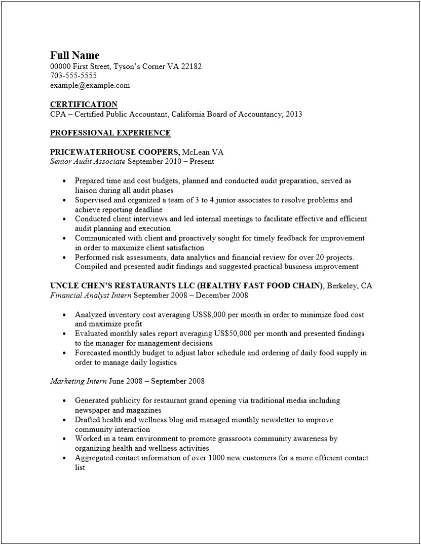 Sample Resume For Restaurant Bookkeeper
