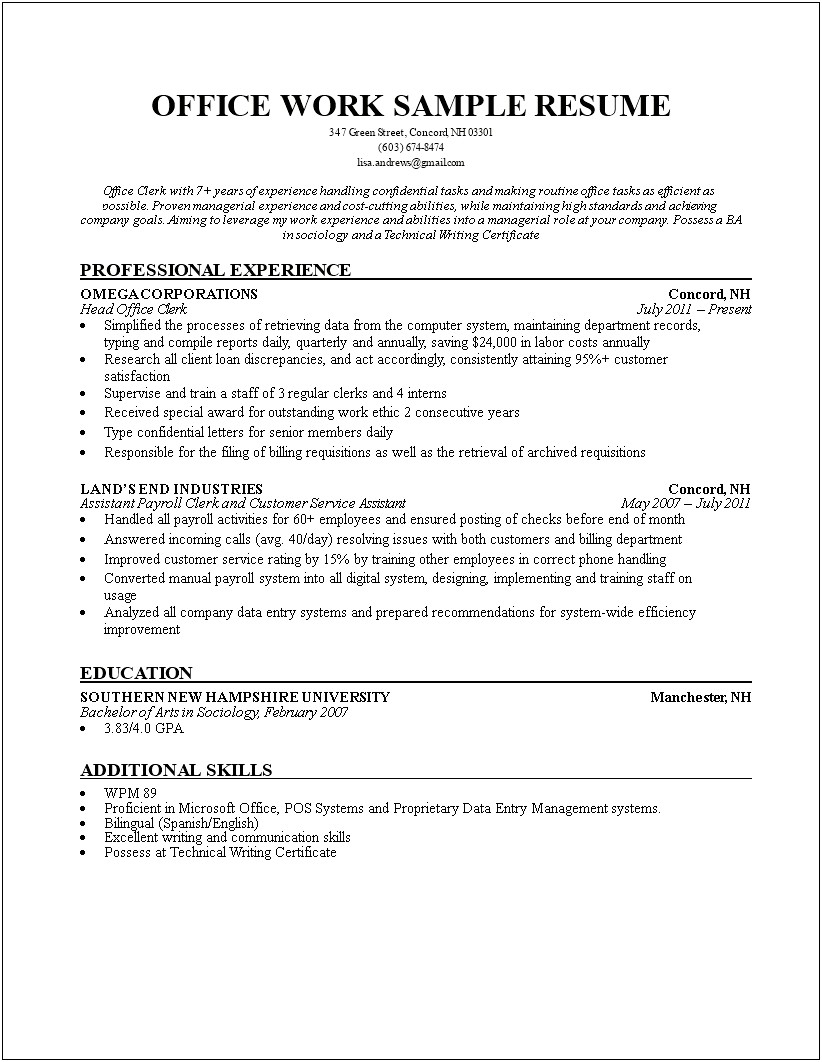 Sample Resume For Retail Clerk
