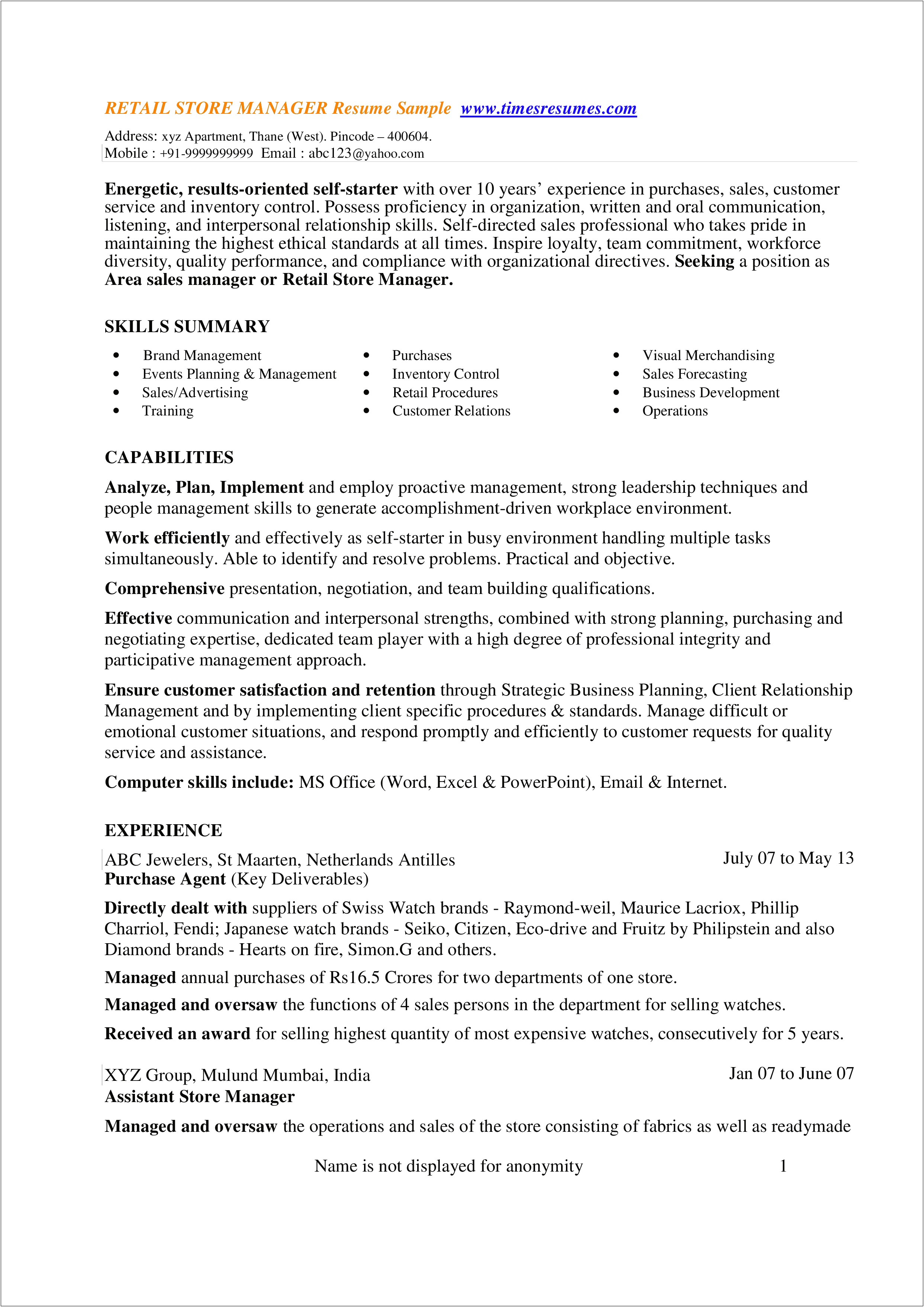 Sample Resume For Retail Template