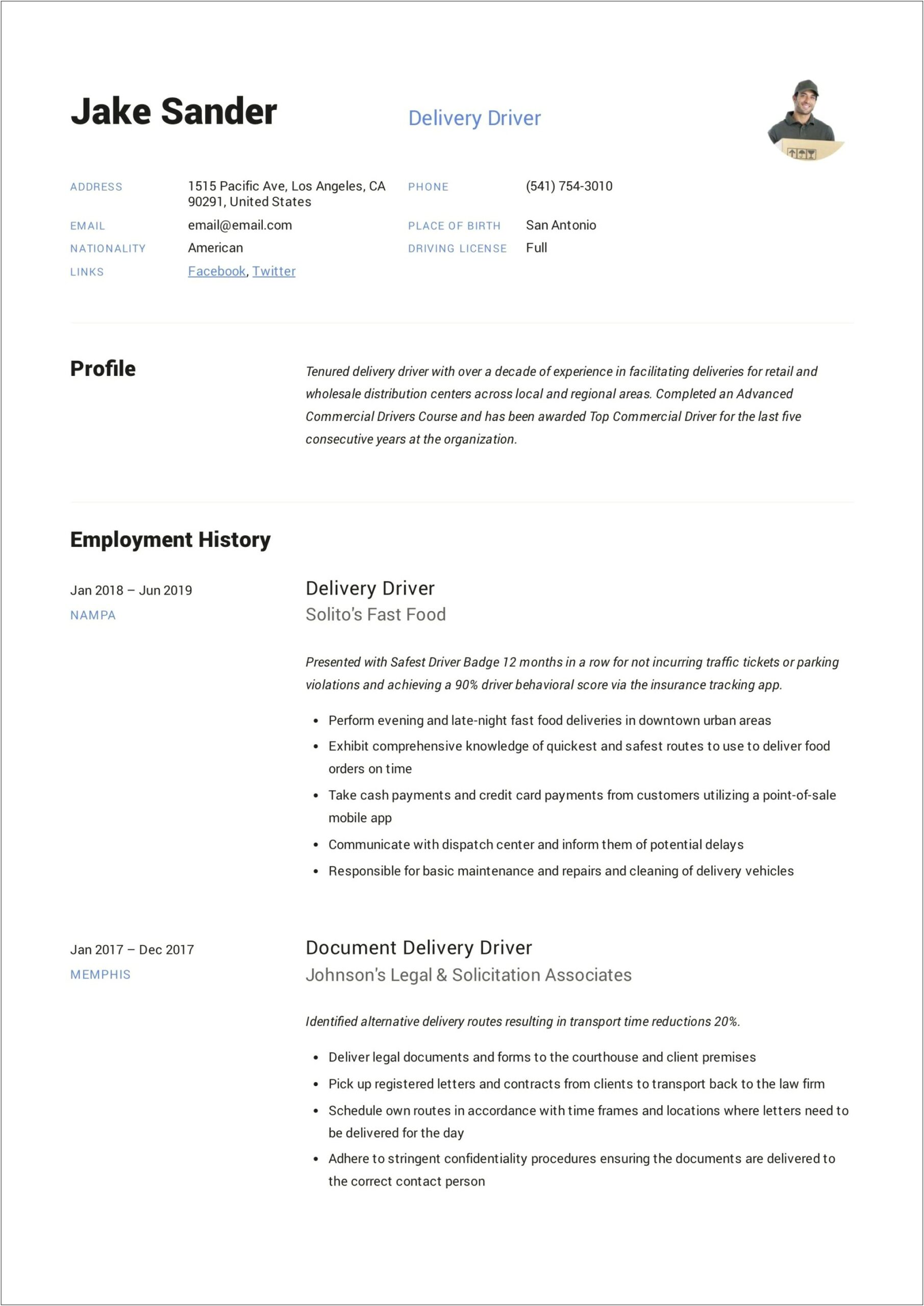 Sample Resume For Route Driver