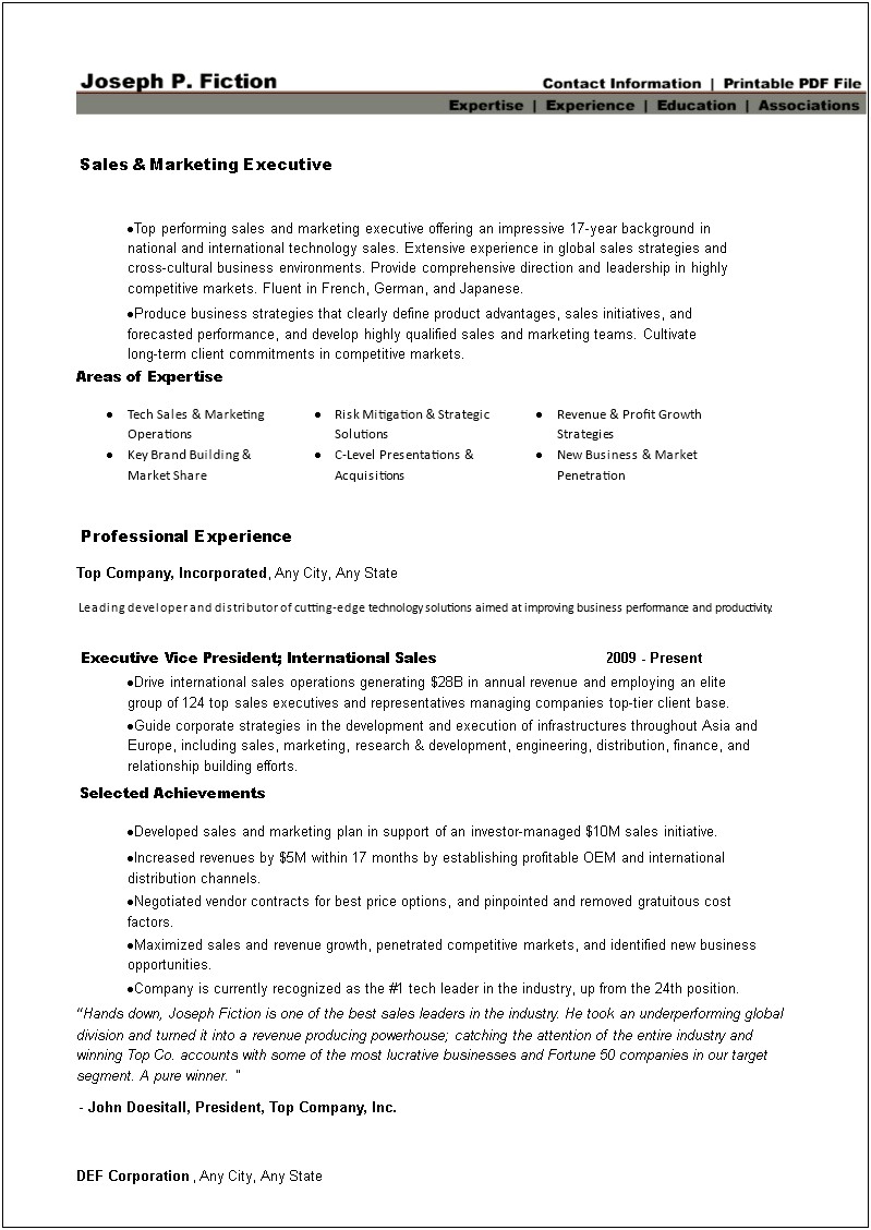 Sample Resume For Sales &amp