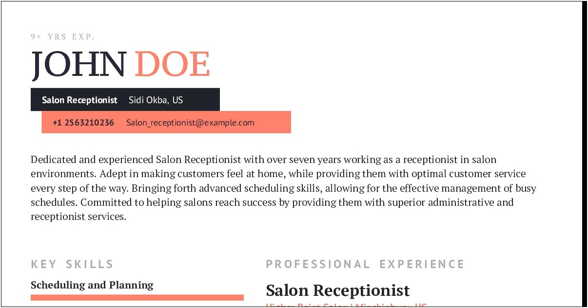 Sample Resume For Salon Receptionist