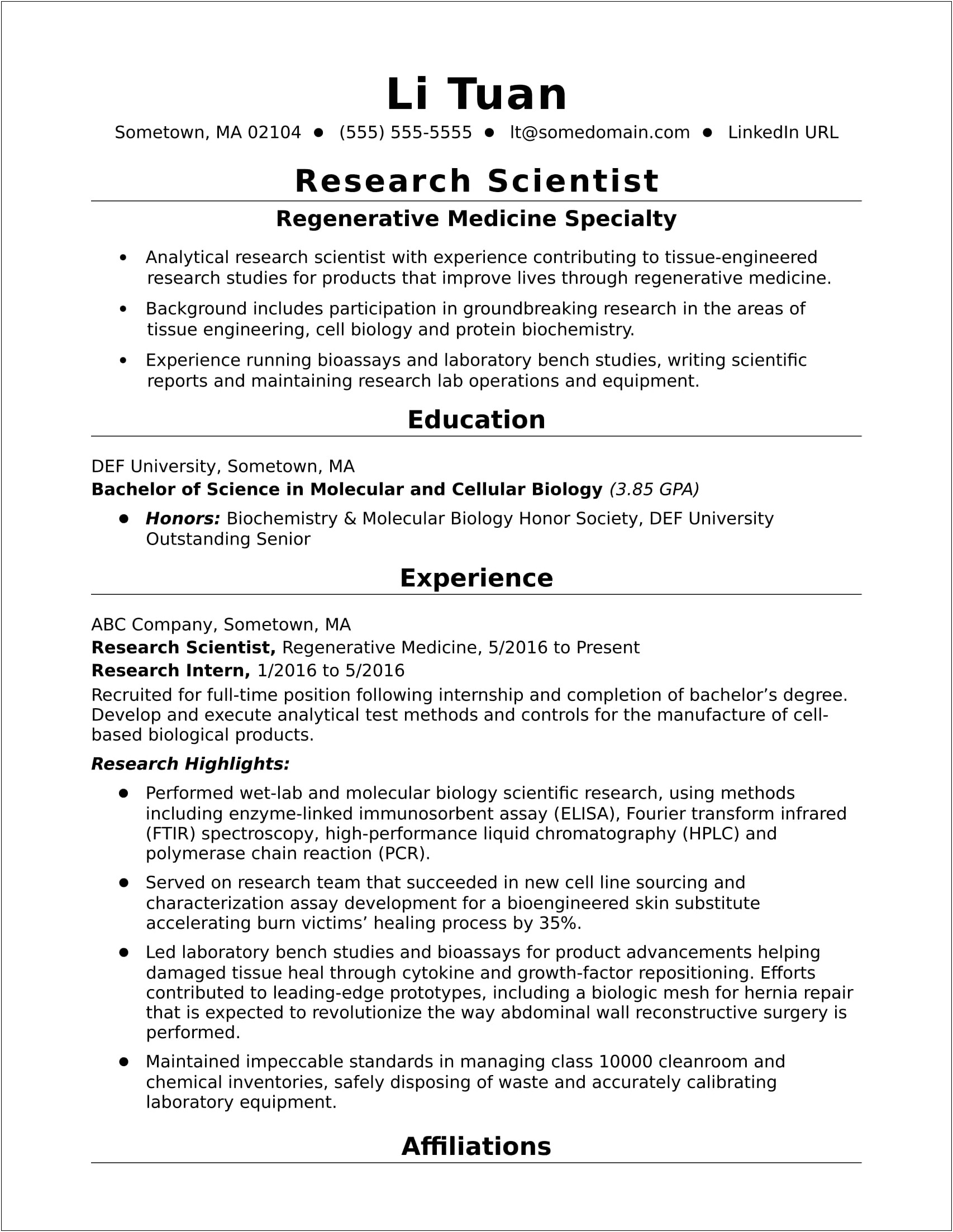 Sample Resume For Science Majors