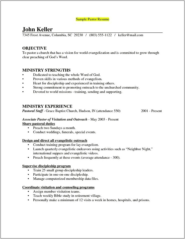 Sample Resume For Senior Pastor