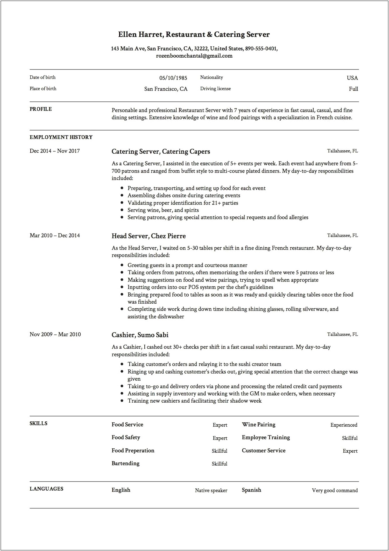 Sample Resume For Server Position