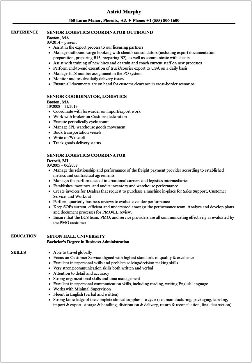 Sample Resume For Shipping Coordinator