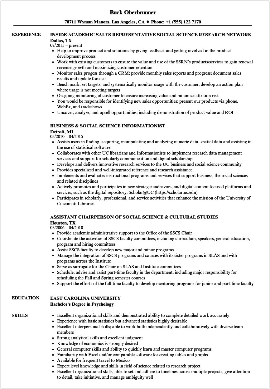 Sample Resume For Social Science
