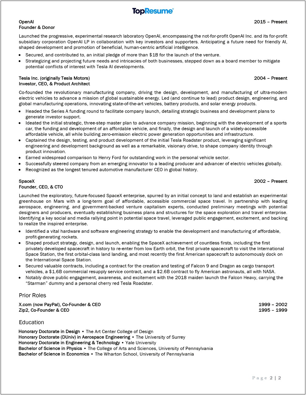 Sample Resume For Space X