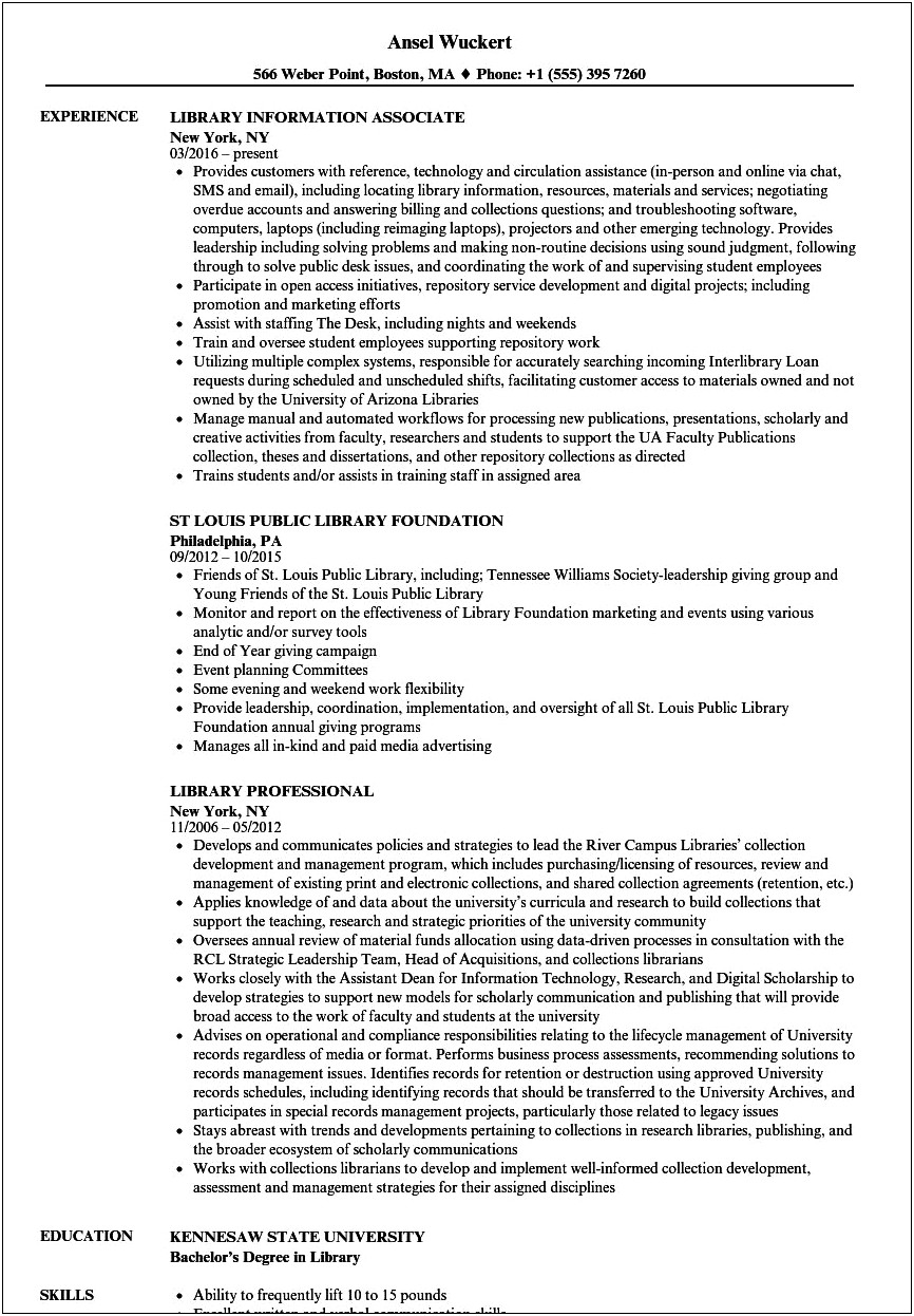 Sample Resume For Special Collections