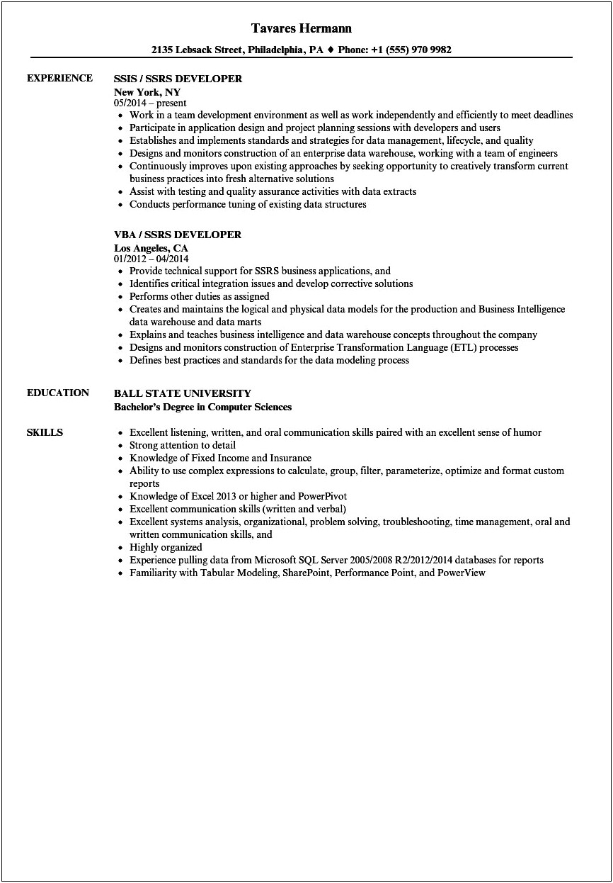 Sample Resume For Ssrs Developer