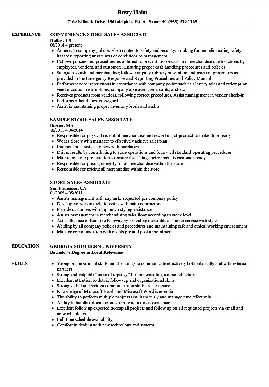 Sample Resume For Store Associate