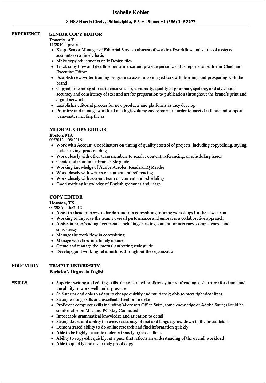 Sample Resume For Sub Editors