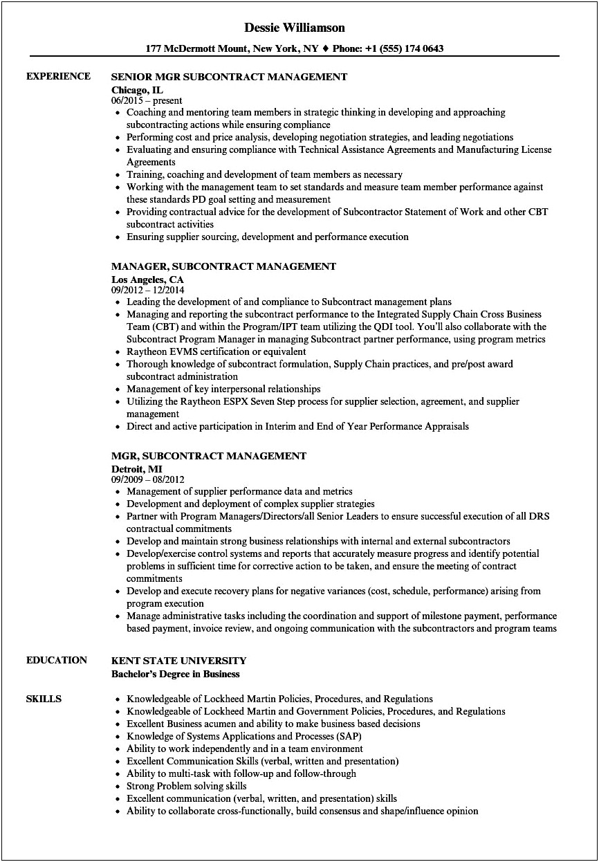 Sample Resume For Subcontract Administrator
