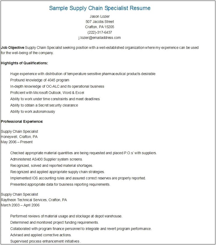 Sample Resume For Supply Specialist