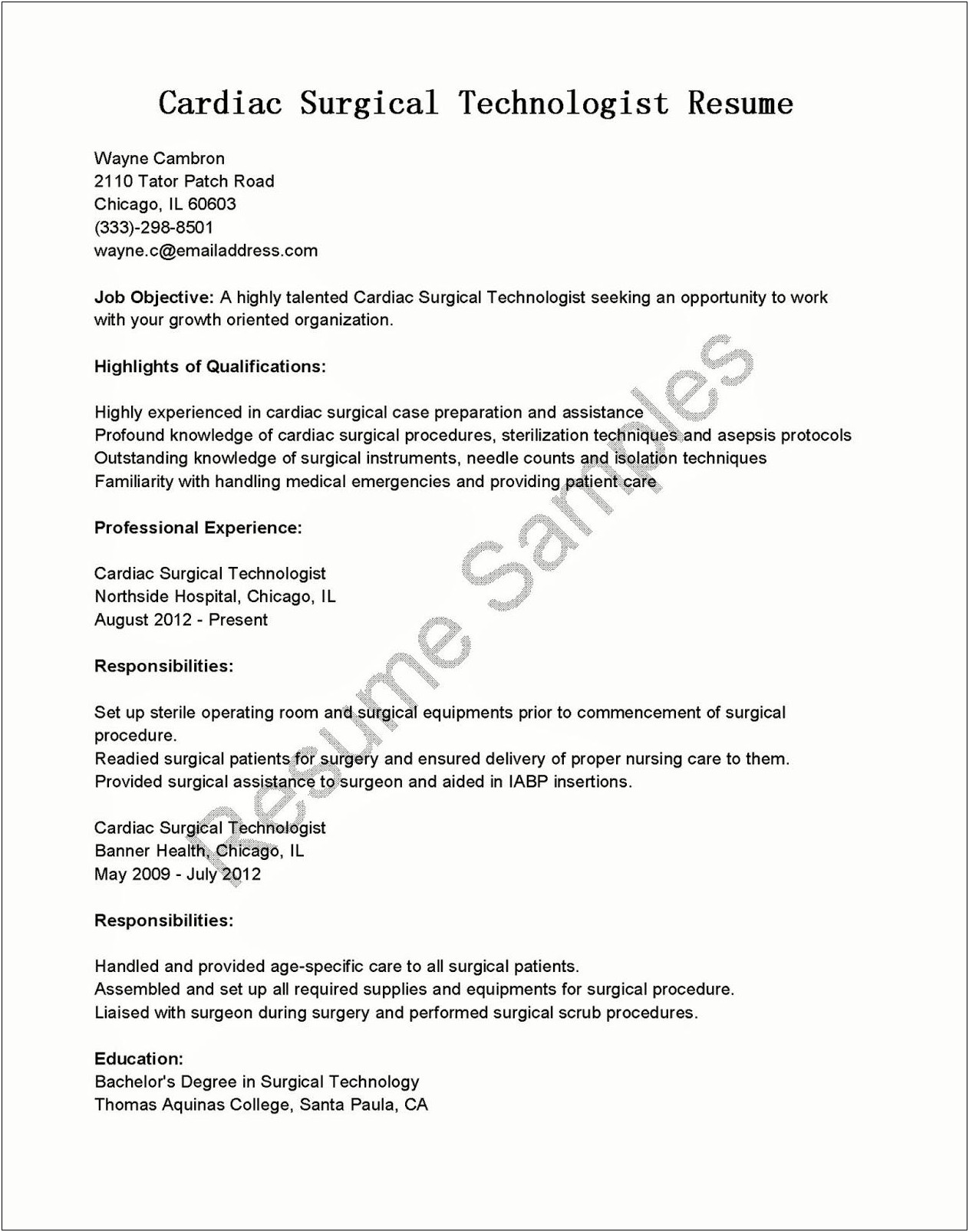 Sample Resume For Surgical Technician