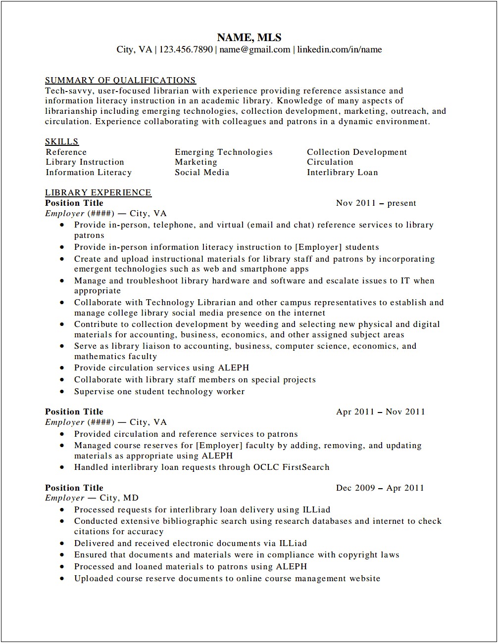 Sample Resume For Teacher Librarian