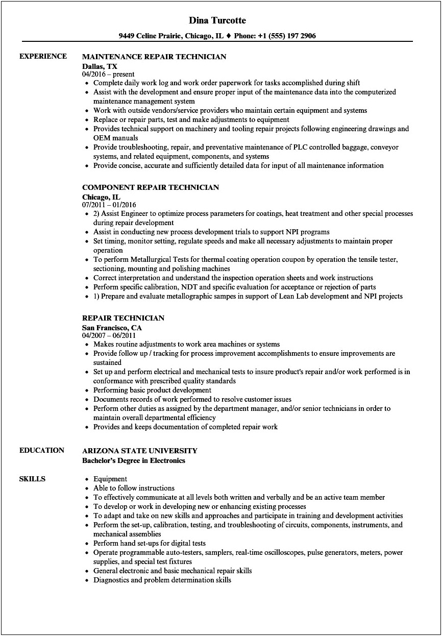 Sample Resume For Telephone Technician