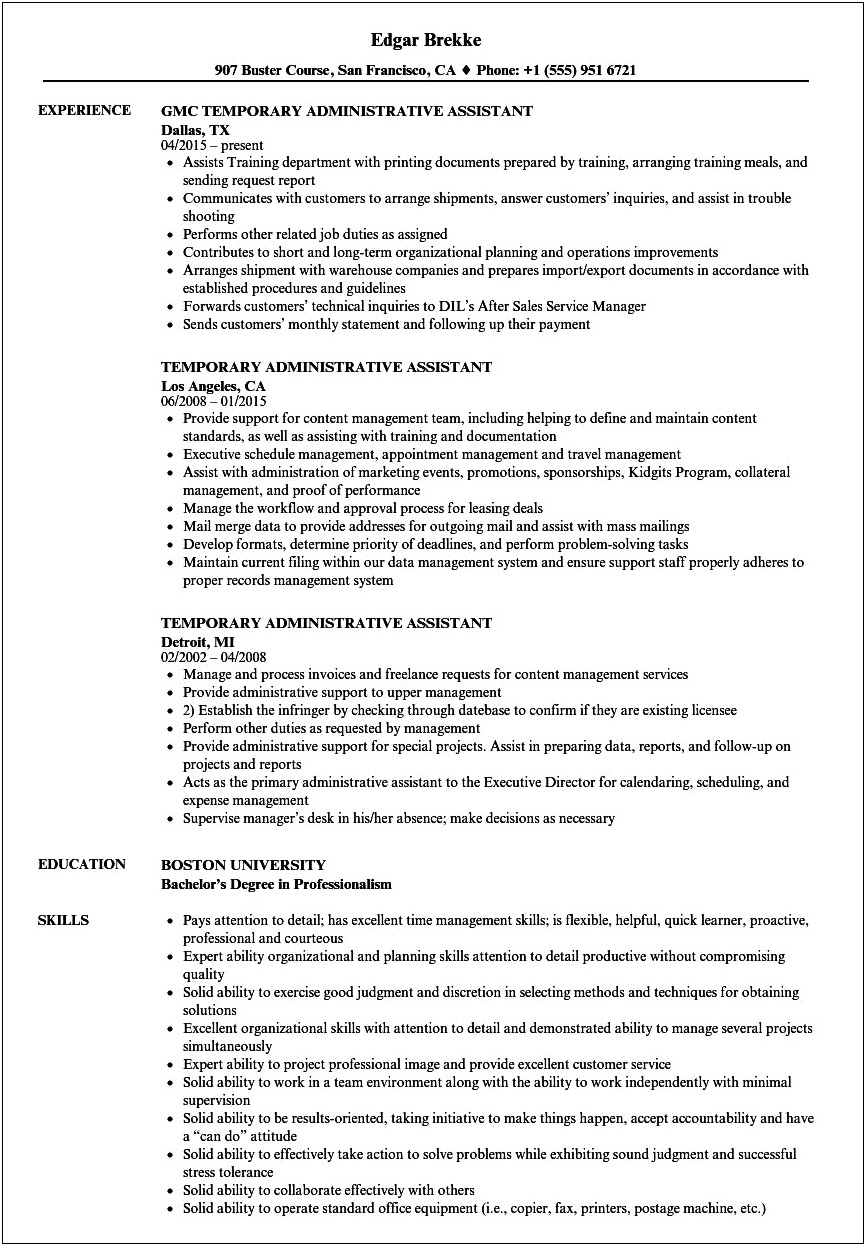 Sample Resume For Temporary Workers