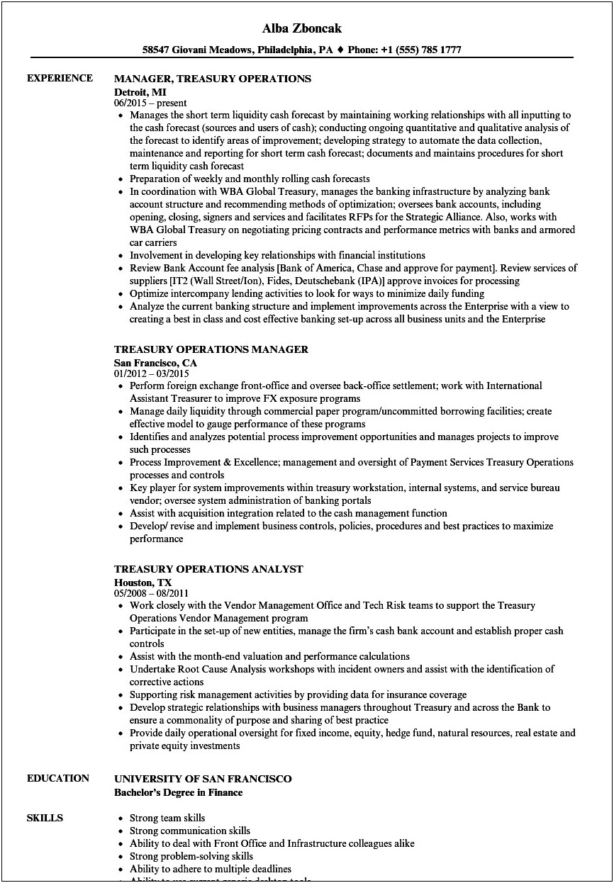 Sample Resume For Treasury Staff