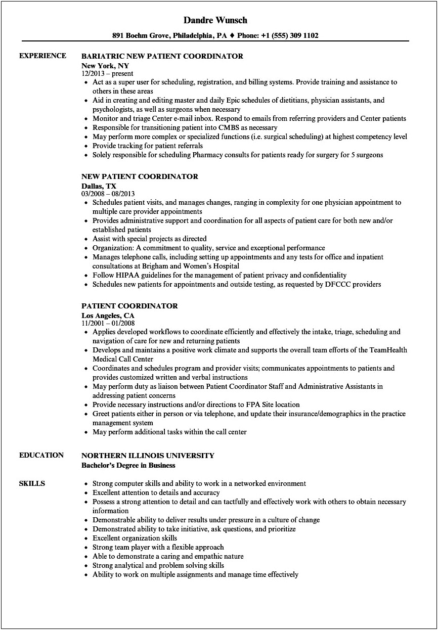Sample Resume For Treatment Coordinator