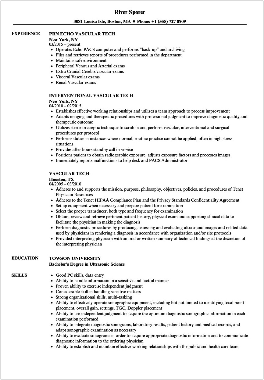 Sample Resume For Ultrasound Technician