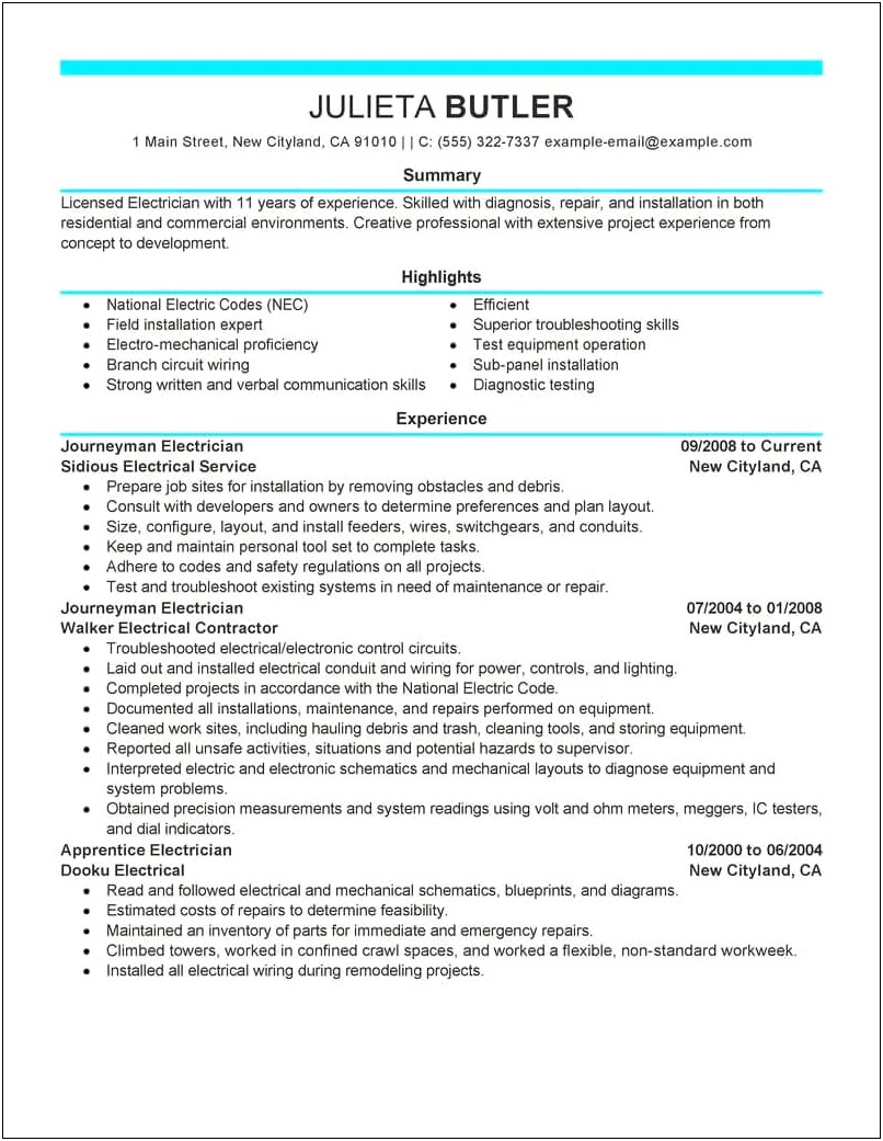 Sample Resume For Union Electrician