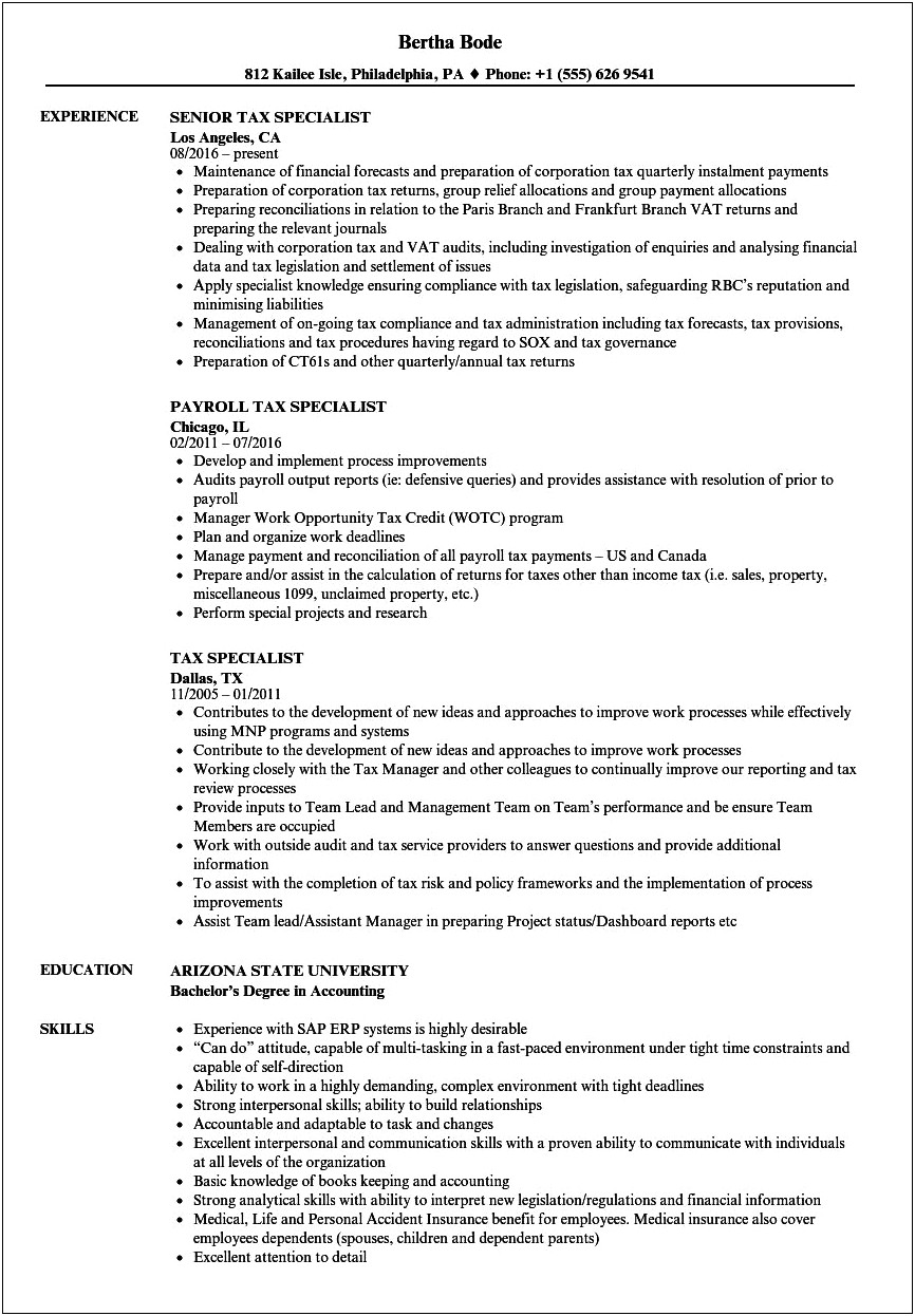 Sample Resume For Us Taxation