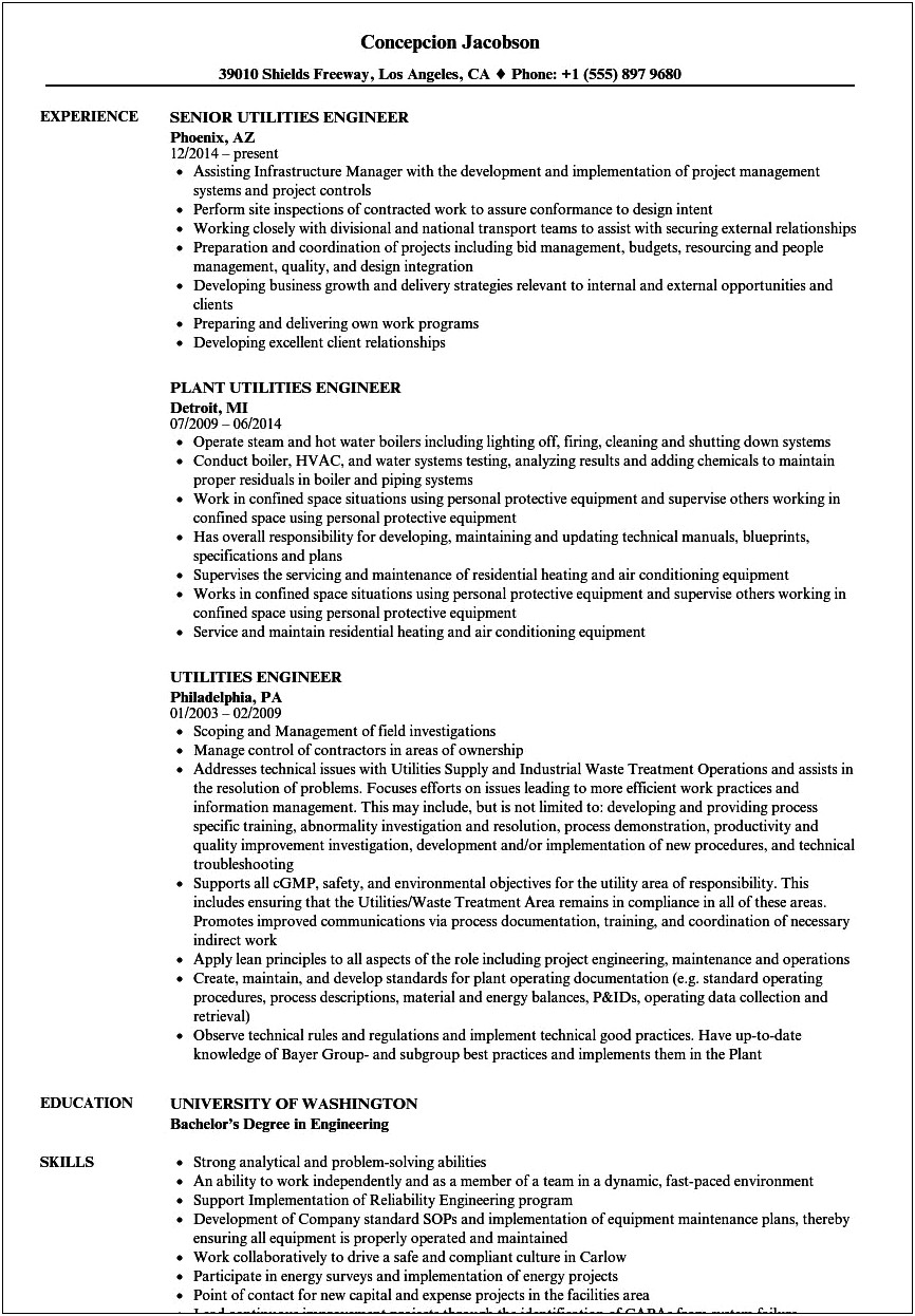Sample Resume For Utility Manager
