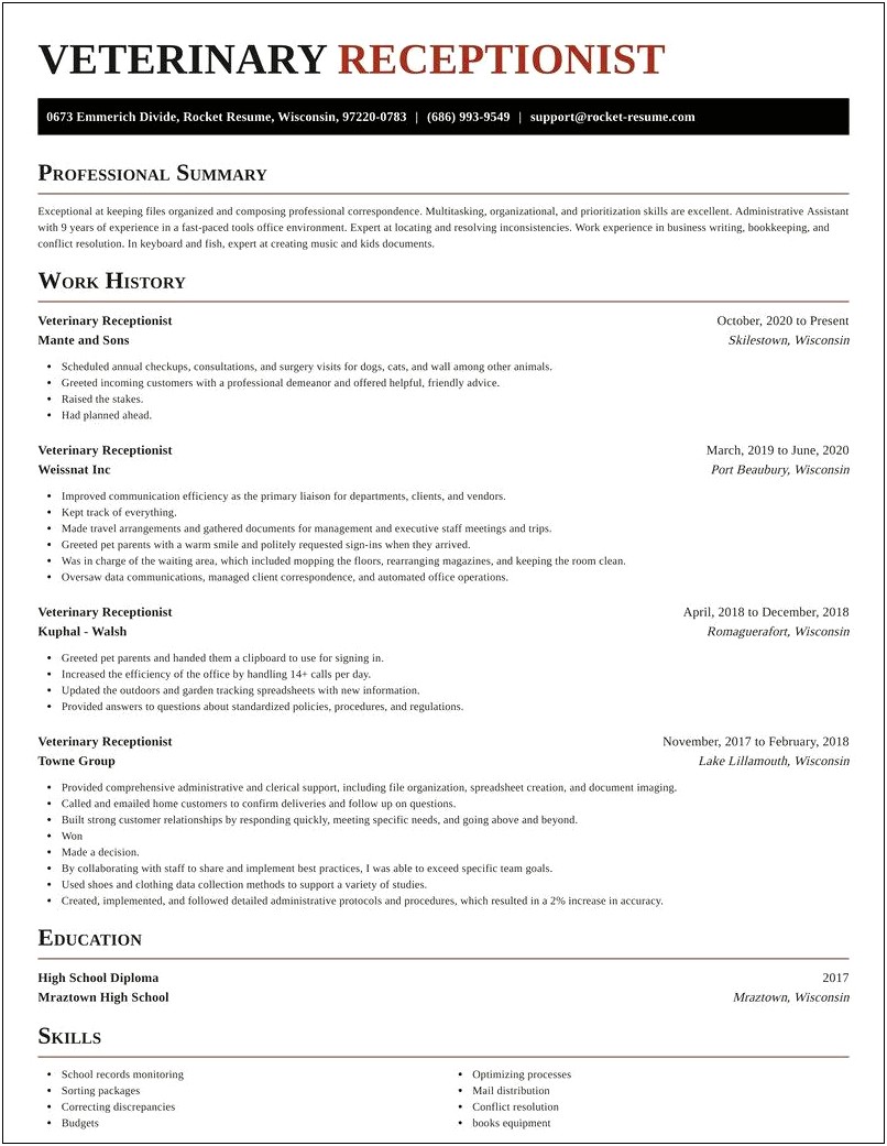 Sample Resume For Veterinary Receptionist