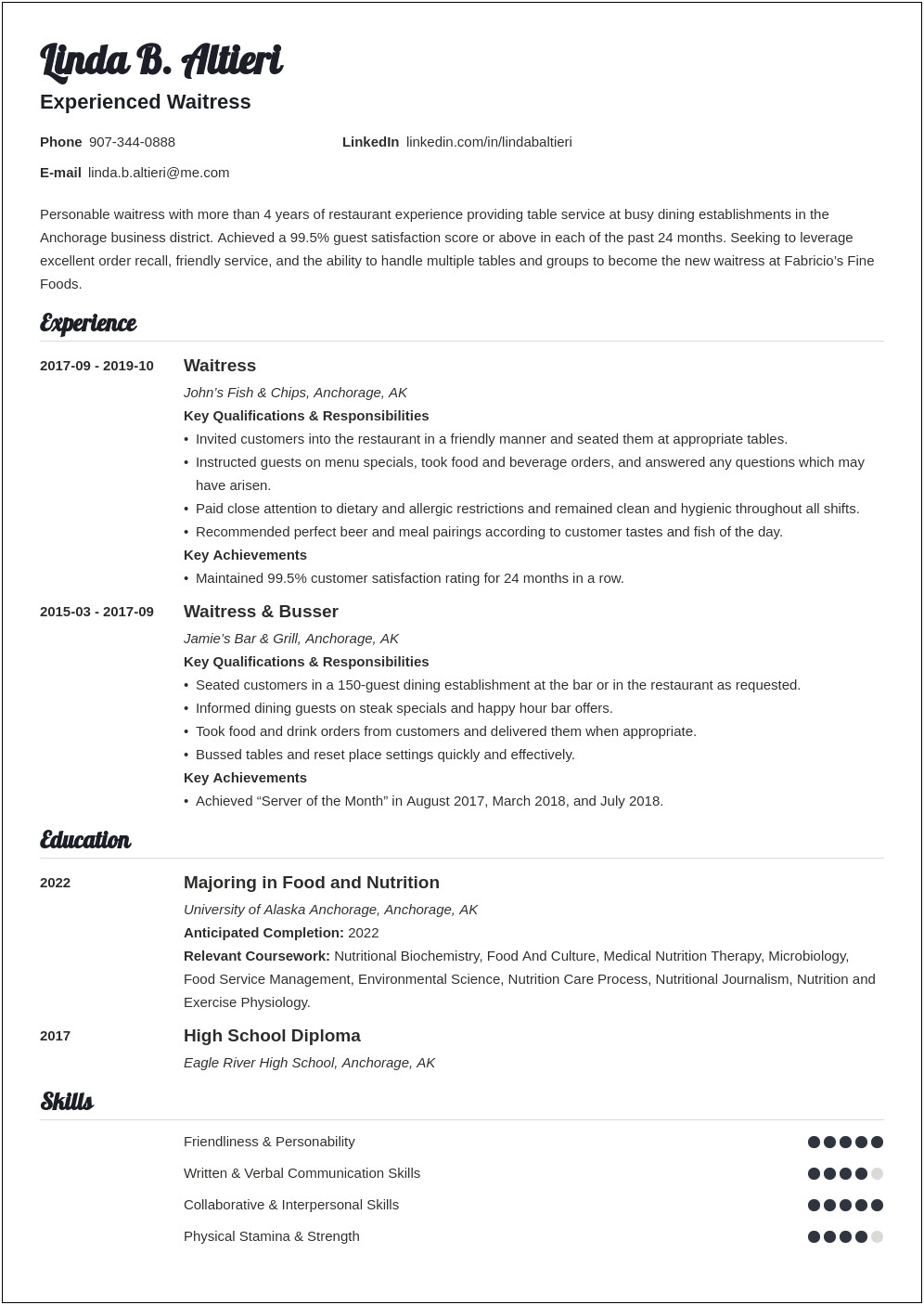 Sample Resume For Waitress Job