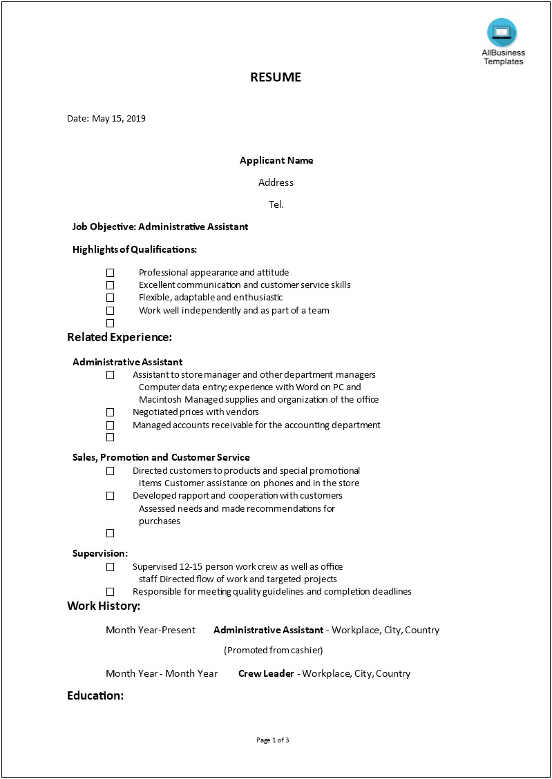 Sample Resume Format Administrative Assistant