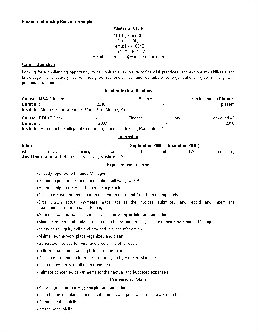 Sample Resume Format For Internship