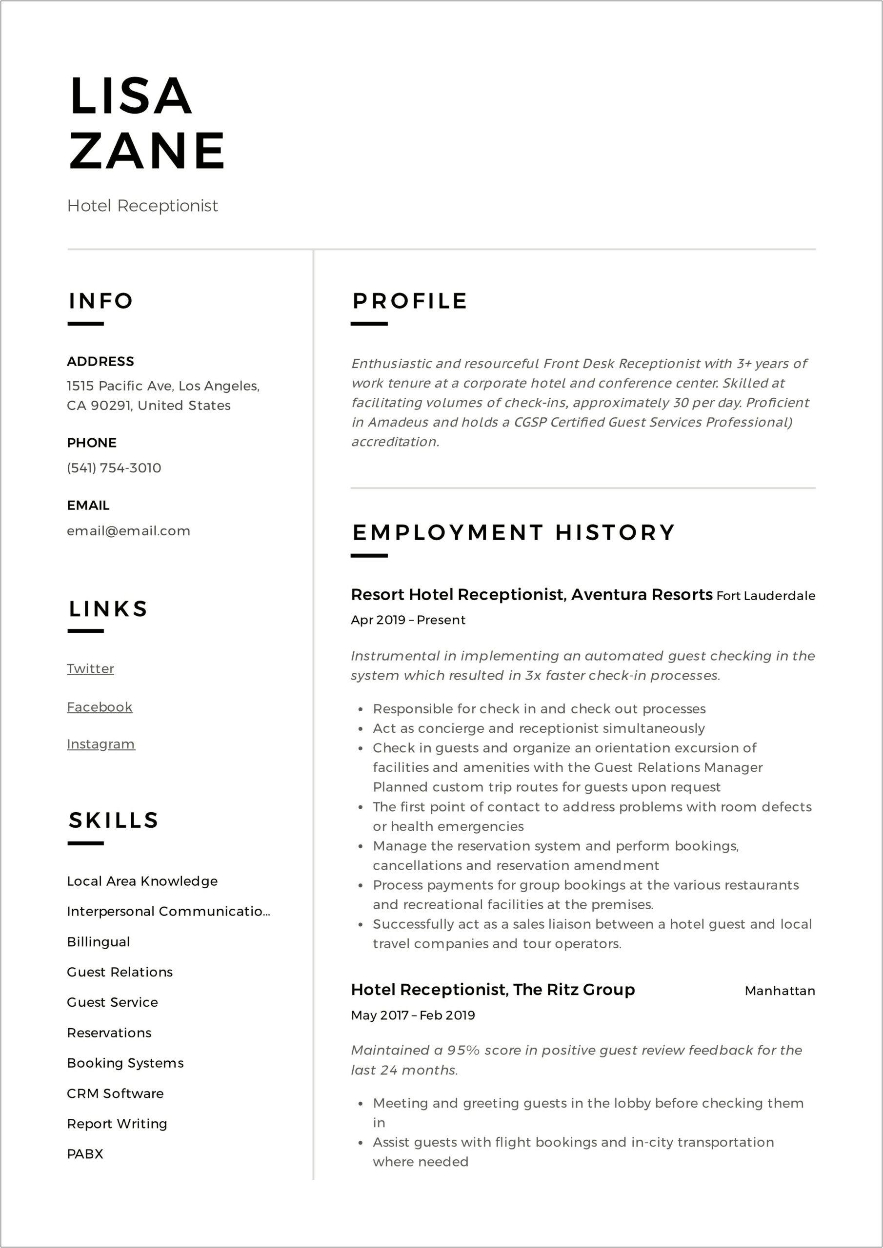 Sample Resume Front Desk Experience