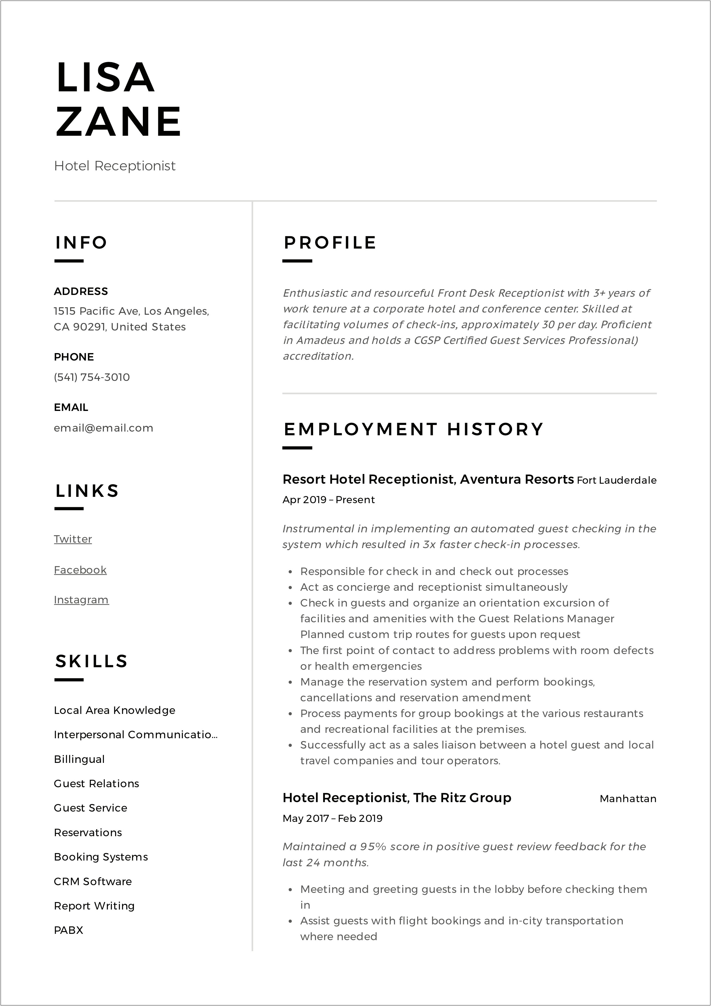 Sample Resume Front Desk Experience