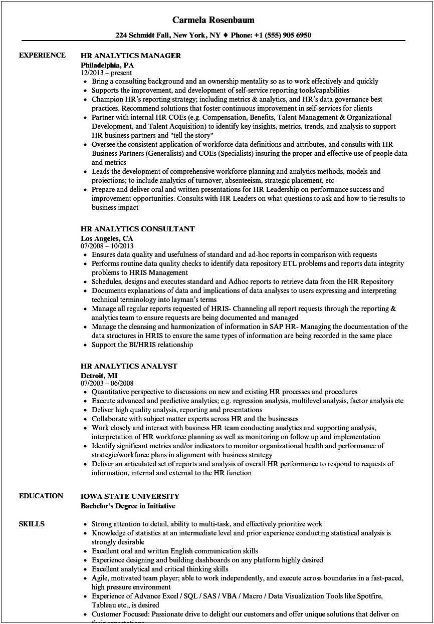 Sample Resume Human Resources Analyst