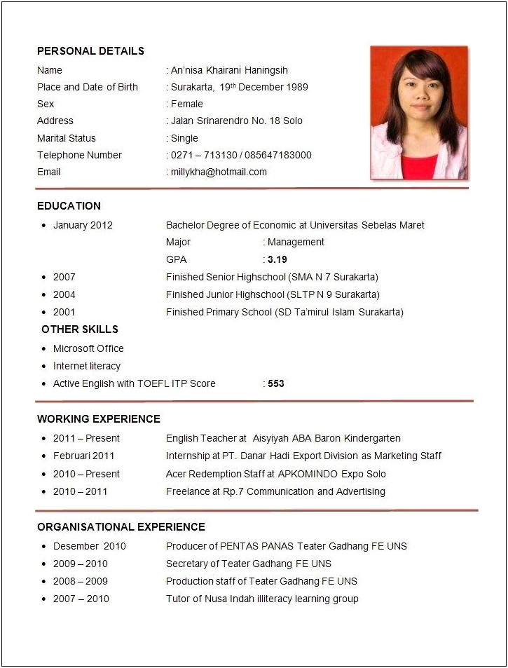 Sample Resume In English Pdf