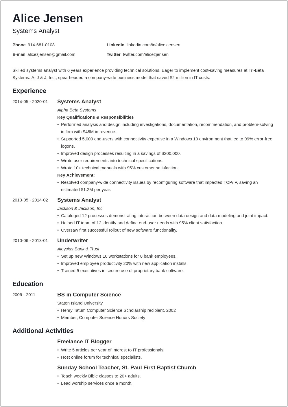 Sample Resume Information System Analyst