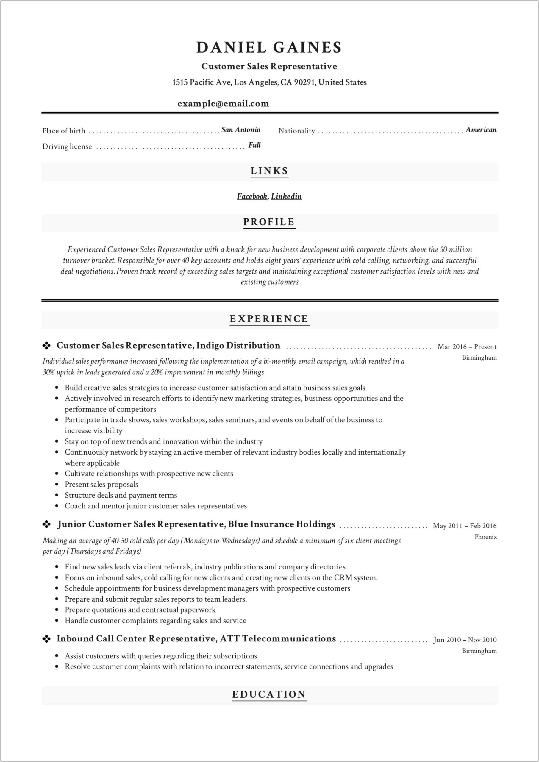 Sample Resume Inside Sales Position
